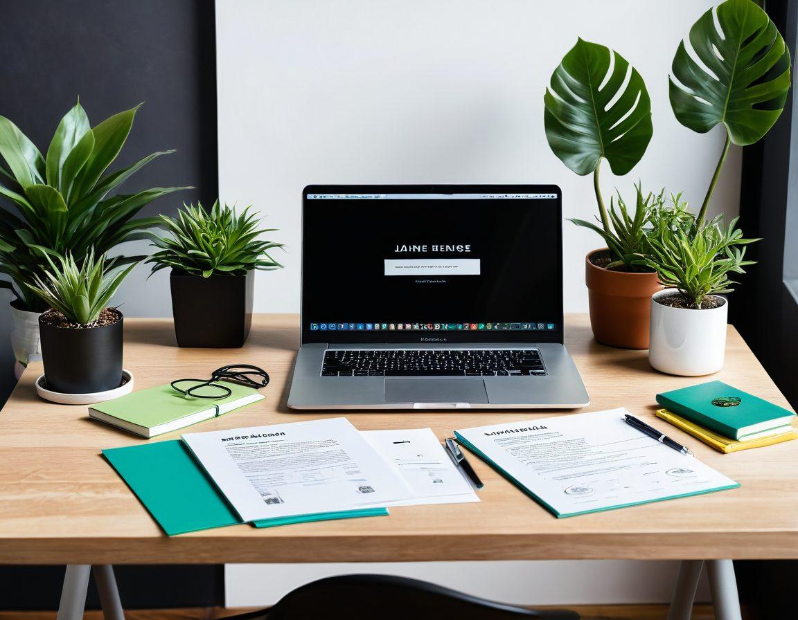 A sleek, modern workspace showcasing an open laptop displaying a professional resume template. Surrounding the laptop are colorful stationery items, a plant, and a notebook filled with handwritten notes. The background features a motivational quote about career success. Soft natural light illuminates the scene for an inviting feel. vibrant colors. super-realistic.