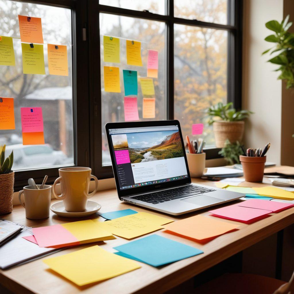 A conceptual workspace with a designer's desk featuring a laptop displaying a candidate profile template, surrounded by inspirational notes, colorful sticky notes, and an open notebook with sketches. A coffee cup sits beside the laptop, and a window showing a sunny day enhances the creative vibe. Soft lighting adds warmth to the scene. vibrant colors. super-realistic. creative workspace.