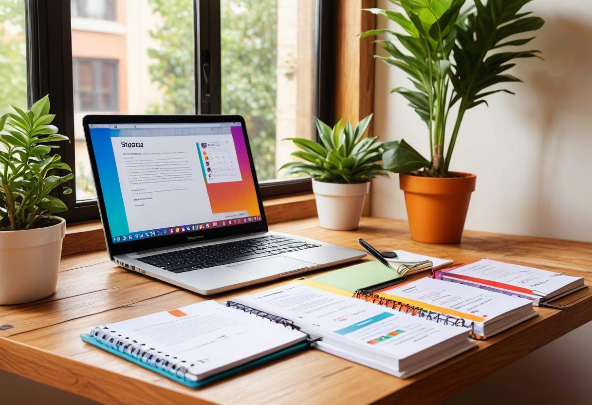 An open laptop on a stylish wooden desk, displaying a beautifully formatted resume filled with colorful graphics and clear sections. Surrounding the laptop are notebooks, pens, and a potted plant, creating a cozy workspace. A soft light filters through a nearby window, adding warmth to the scene. The overall ambiance conveys professionalism and creativity for job seekers. super-realistic. vibrant colors. cozy workspace.